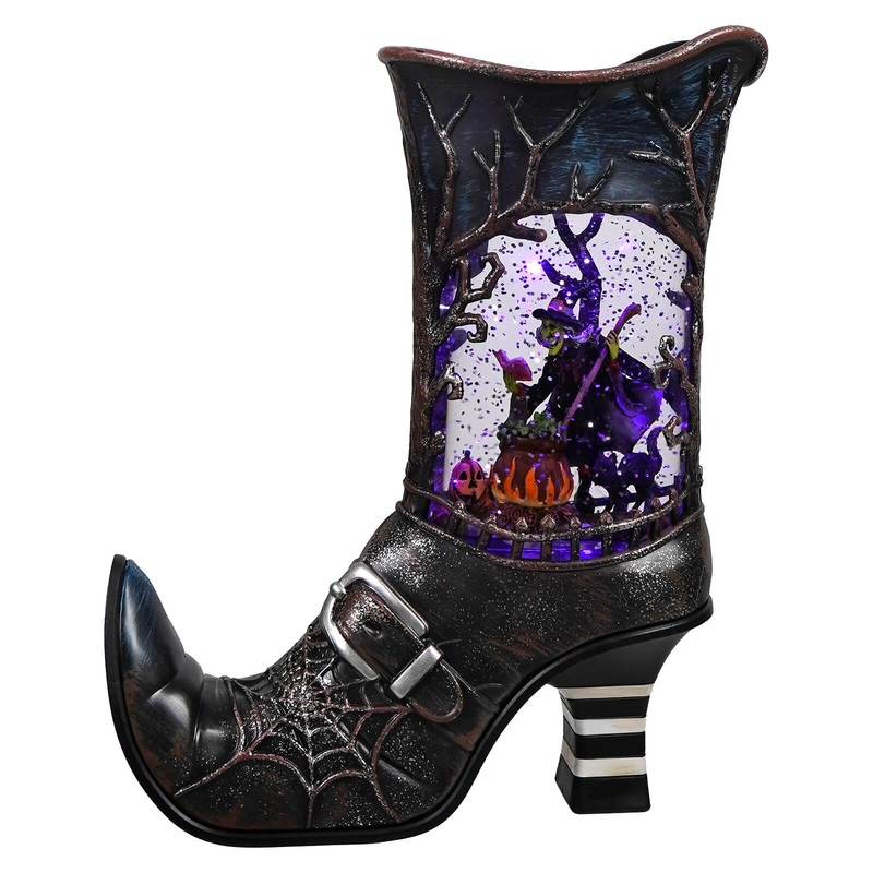 10″ LED Lighted Spinning Water Globe Boot Featuring Witch Stirring Bubbling Cauldron