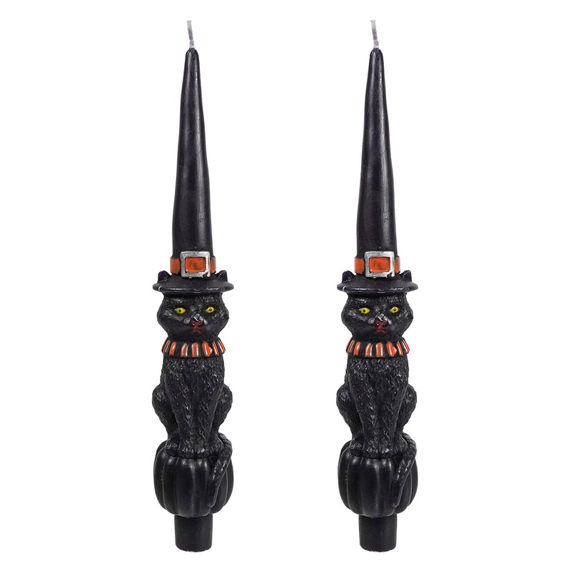 10″ Unscented Cat With Witch Hat Shaped Taper Candles Box Set/2