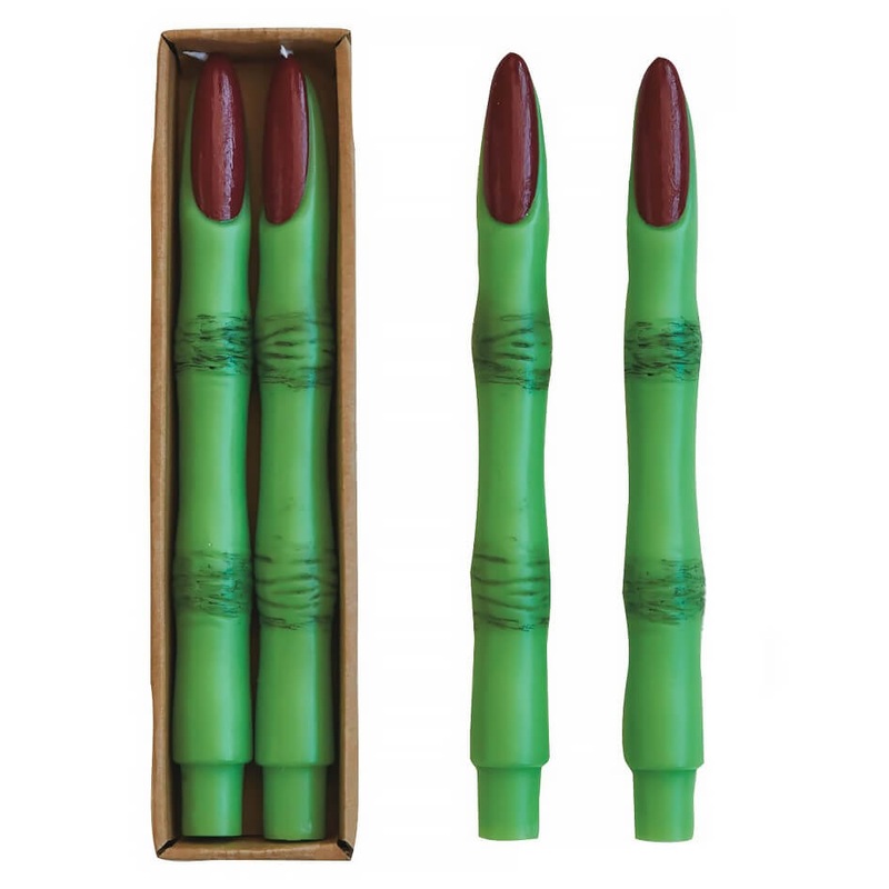 10″ Unscented Green & Red Witch Finger Taper Candles Box Set/2