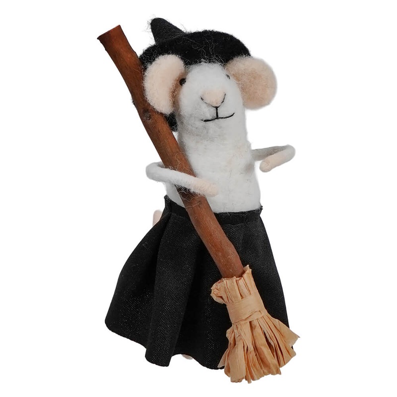 Wool Felt Witch Costume Trick-Or-Treat Mouse Holding Broom