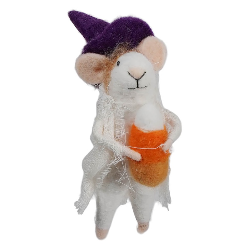Wool Felt Witch Costume Trick-Or-Treat Mouse Holding Candy Corn