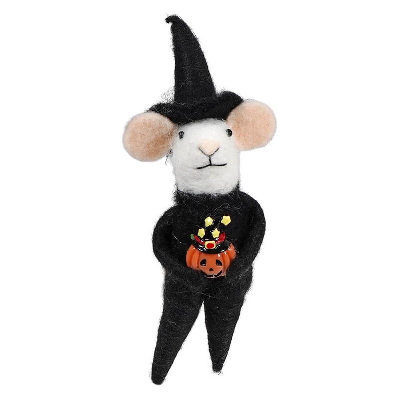 Wool Felt Witch Costume Trick-Or-Treat Mouse Holding Jack-O’-Lantern