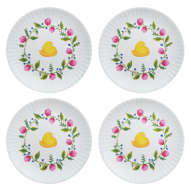 Yellow Chick Peeps Easter Melamine “Paper” Plate With Floral Pattern Set/4