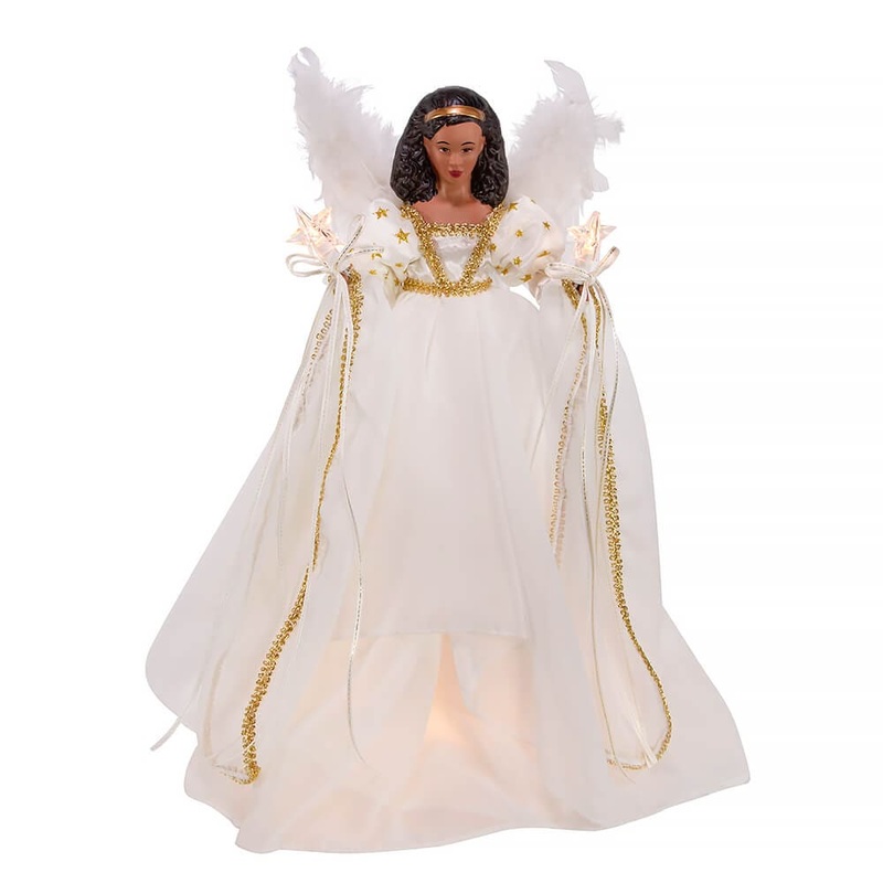 Black Angel in Ivory & Gold Lighted Treetopper