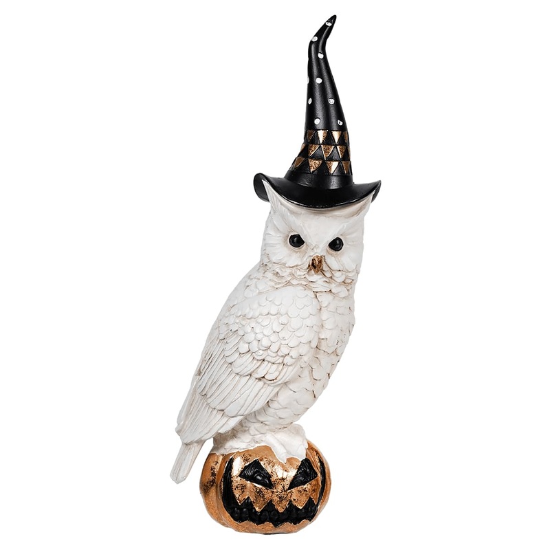 White & Gold Owl With Witch Hat On Jack O’Lantern