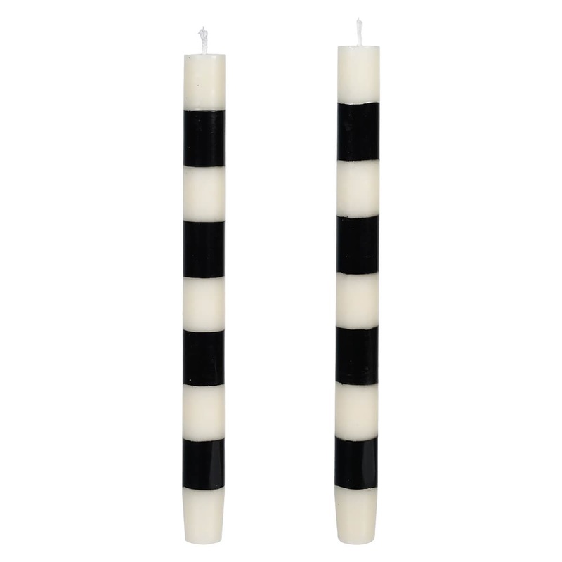 10″ Ivory & Black Striped Unscented Taper Candles Box Set/2