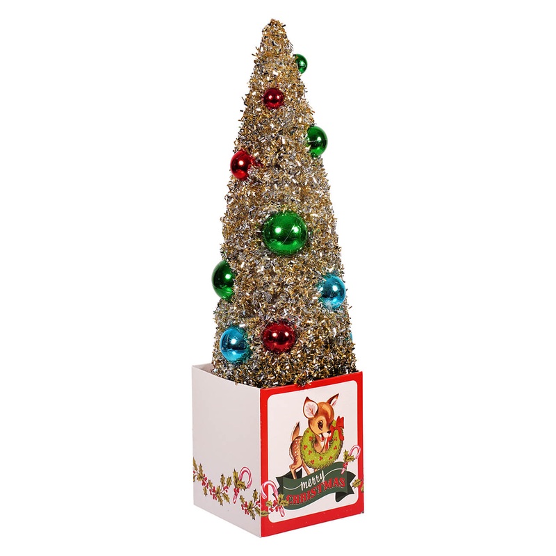 12″ Retro Reindeer Gift Box With Ornamented Tree
