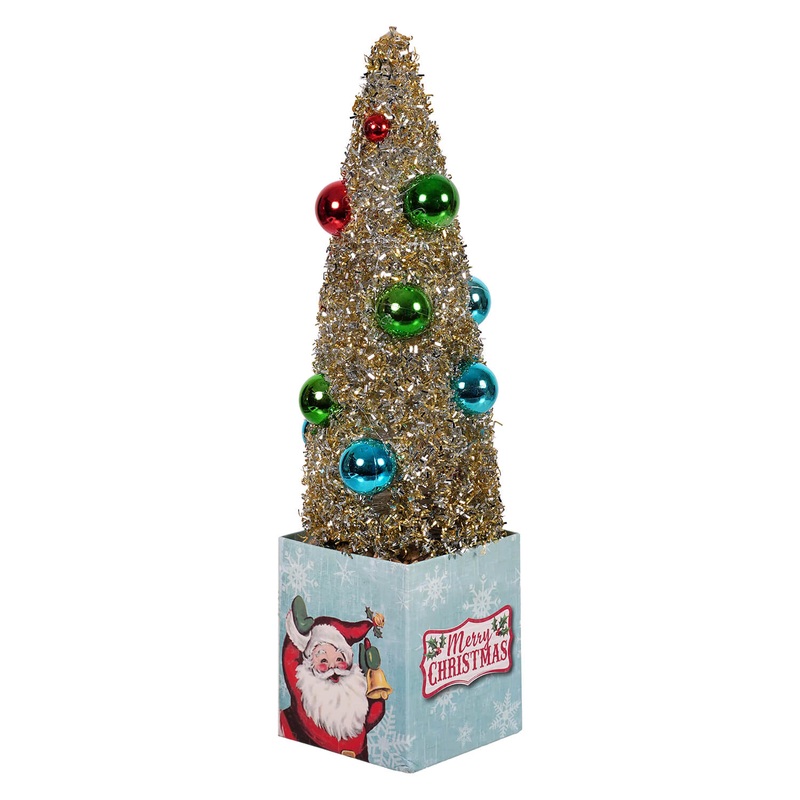 12″ Retro Santa Gift Box With Ornamented Tree