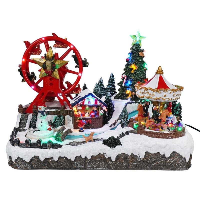 13″ Animated Lighted & Musical Christmas Carousel & Ferris Wheel Village