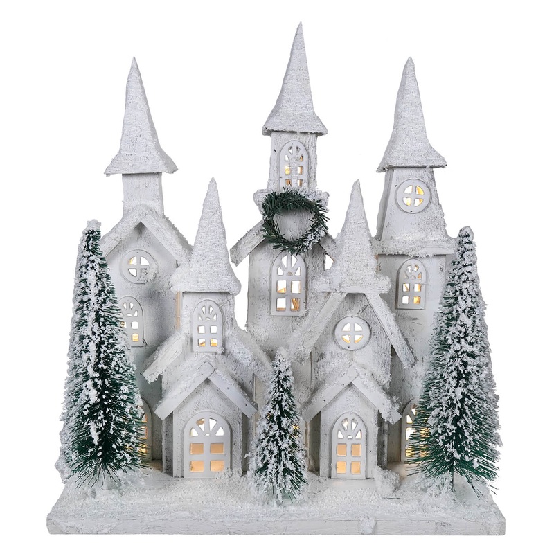 16″ LED Lighted Winter Holiday Frosted Wood House With Bottle Brush Trees