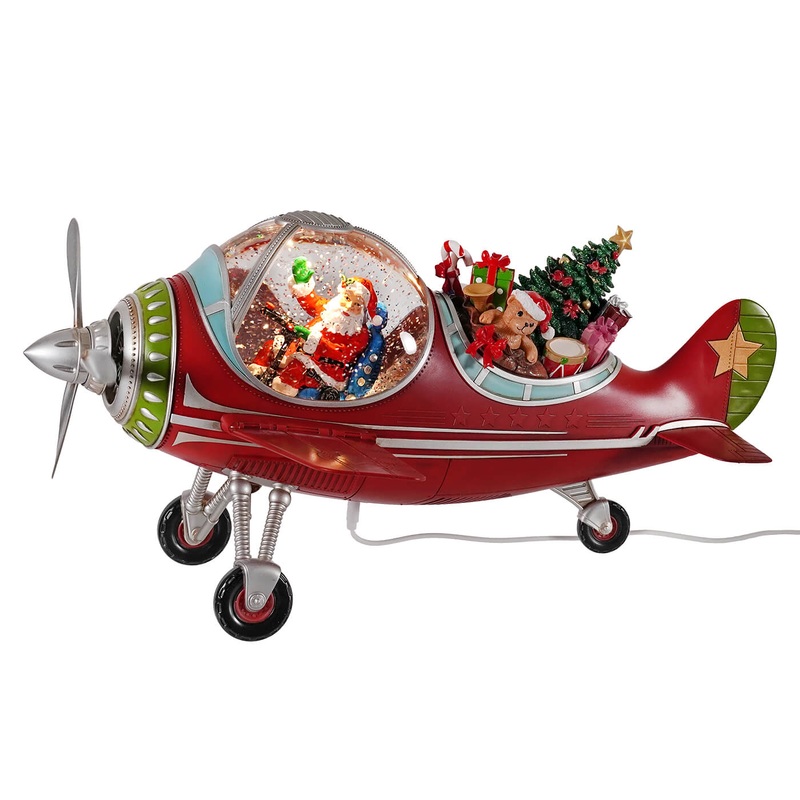 18″ Lighted Spinning Airplane Water Globe Featuring Santa Delivering Presents
