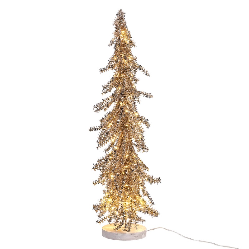24″ LED Lighted Gold Tinsel Metal Holiday Tree With Wood Base