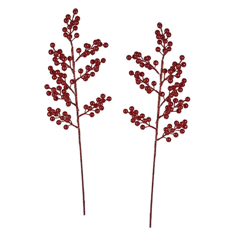 24″ Red Glittered Cluster Berry Spike Spray Set/2
