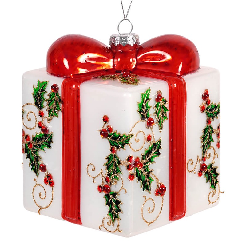 5″ Glass Holly Gift Box Ornament