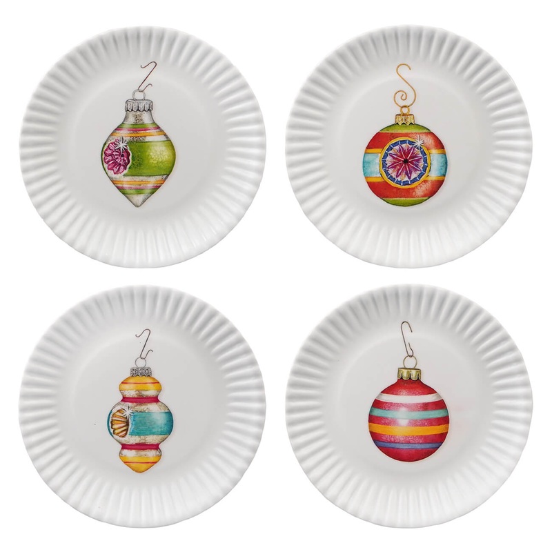 6″ Christmas Ornament “Paper” Hors D’oeuvres Melamine Plates Set/4