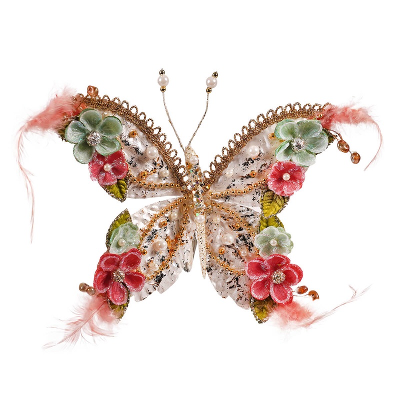 7″ Floral Beaded & Glittered Pastel Clip-On Butterfly Ornament