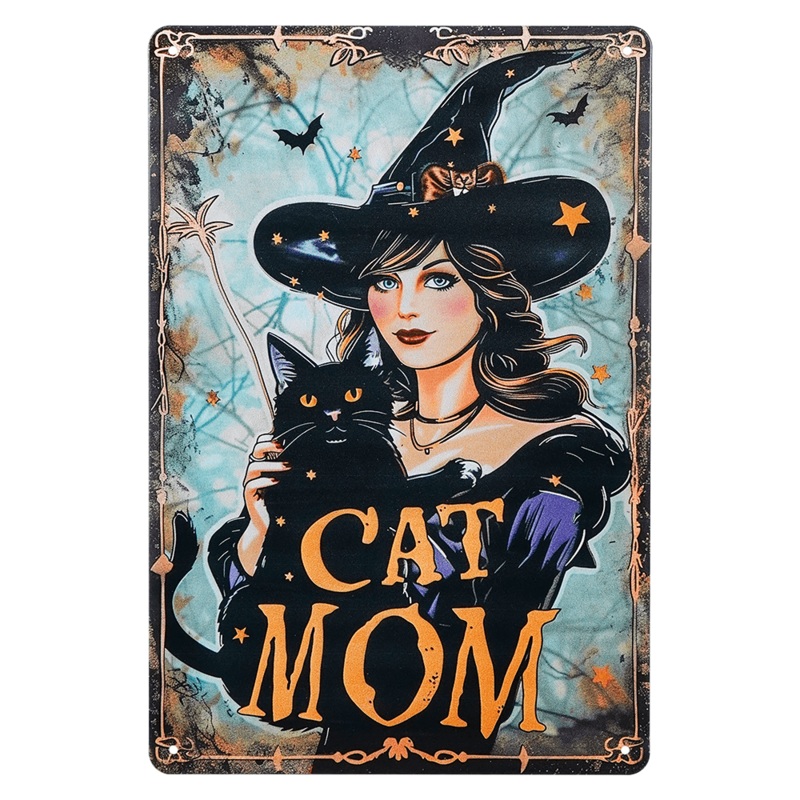 “Cat Mom” Charming Witch & Black Cat Metal Sign