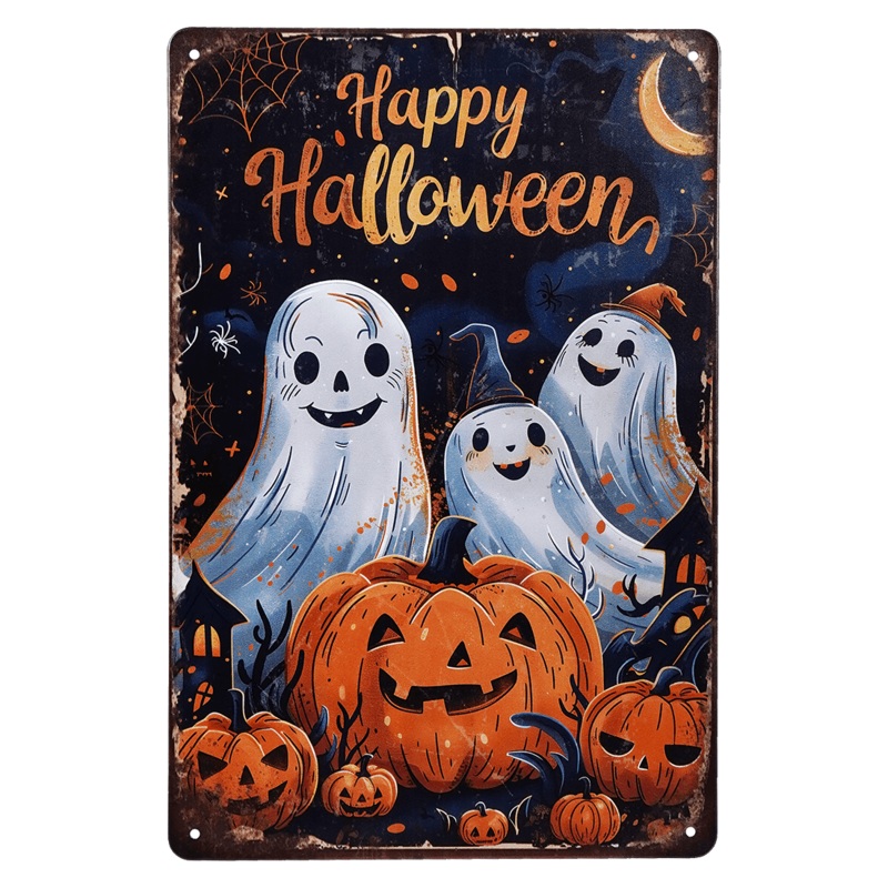 “Happy Halloween” Cheery Ghosts & Jack-O’-Lanterns Metal Sign