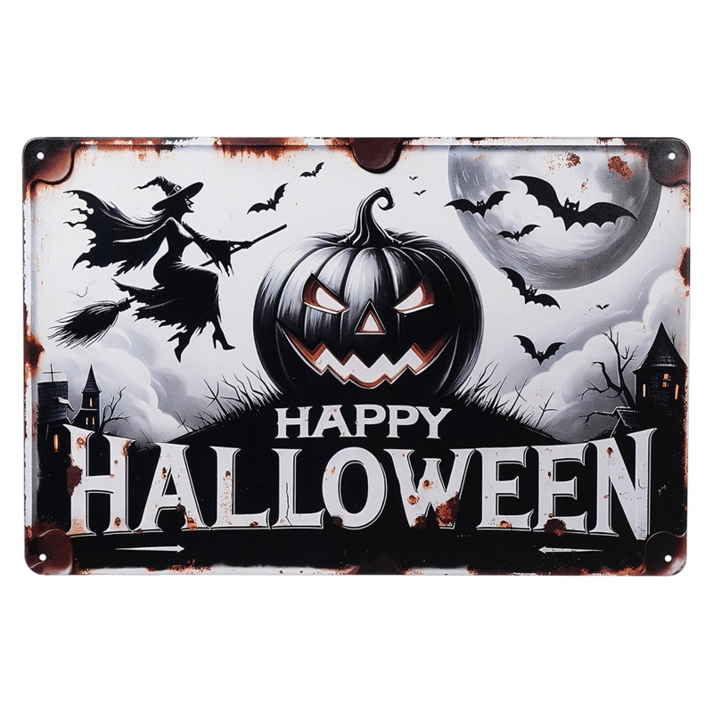 “Happy Halloween” Sinister Jack-O’-Lantern, Bats & Witch Metal Sign