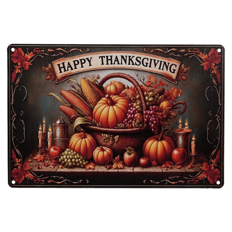 “Happy Thanksgiving” Classic Bountiful Harvest Scene Metal Sign