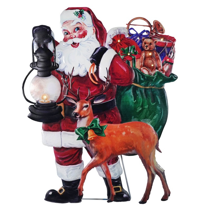 26″ Large LED Lighted Metal Holiday Santa & Reindeer Sign With Easel
