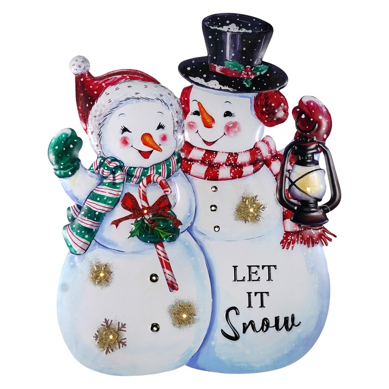26″ Large LED Lighted Metal Holiday Snow Couple Sign With Easel
